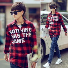 2016 men fall fashion printing letters font b tartans b font long sleeved shirt shirt one