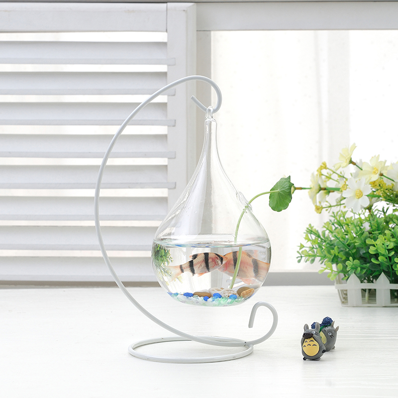 Drops Water Fish Tank Glass + Iron Holder Hydroponics Vase  Home Office Decoration