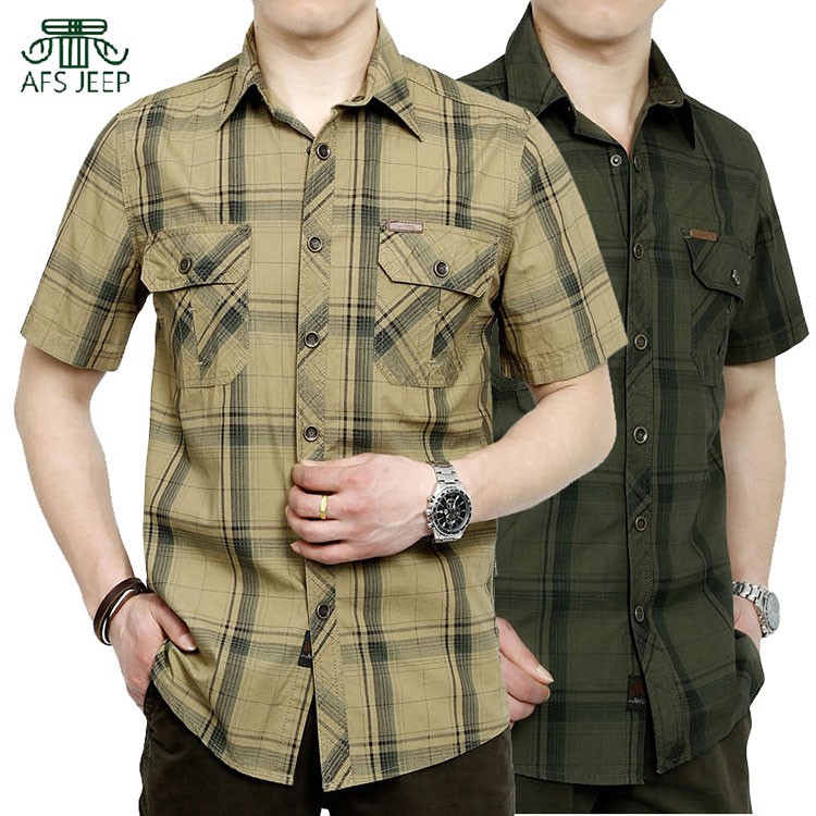 AFS JEEP 2015 Summer Men Plaid Dress Shirts Plus Size 4XL 5XL Cotton Shirt Camisas Pocket Camisetas Vestidos Men Clothes Casual