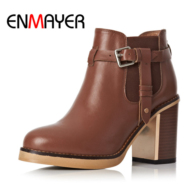 Фотография ENMAYER  Women Boots New  Winter Fashion Shoes Genuine Leather Ankle Boots Square Heels Full Grain Leather Cool Shoes
