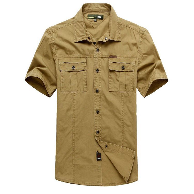 Plus Size XXXXXL Summer Men\'s 100% Cotton Shirts Solid Color Dress Short Sleeve Shirts Casual Outdoor Man Brand AFS JEEP 5003 (5)