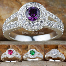 Women Simulated Diamond Green Emerald Red Ruby Purple Pure Finger 925 Sterling Silver Ring WEDN R130