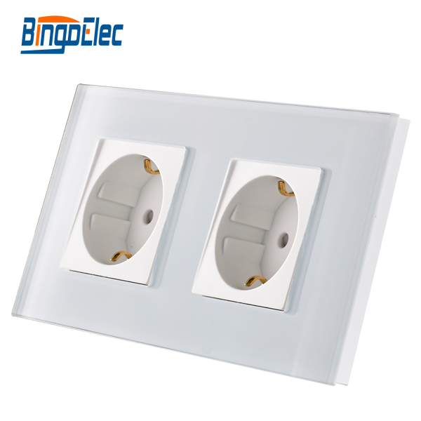 EU standard double gang power socket,germany type wall socket,white Crystal toughened glass panel,16A wall socket,