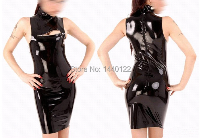 Sexy fashion black latex dress with unique chest design club costumes for women