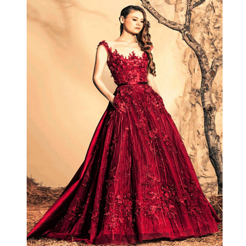 Luxury Vestido De Festa A Line Sheer Neckline Sleeveless Red Long Evening Dress 2015 Ziad Nakad