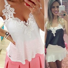 Blanco encaje Blusas femeninas 2015 mujer Blusas señora Patchwork camisillas Sexy camisa de chifon tirantes finos cincha chaleco Tops Blusas XXXL