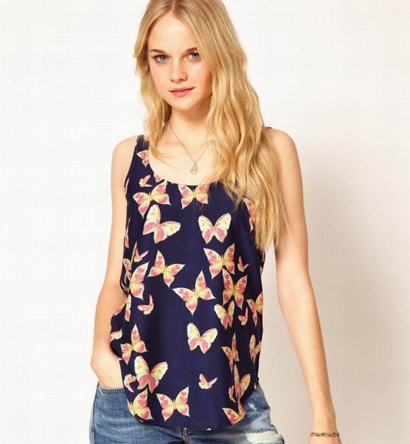 2015 New Arrival Hot Sell New Women Girls Lady Casual Butterfly Print Sleeveless Chiffon Tank Top
