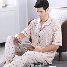 Summer Men Pajama Sets Cotton Pajamas Geometric Short Sleeve Sleepwear Turn-Down Collar Sleep Lounge Casual Pyjamas Plus Size
