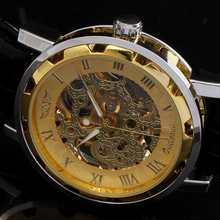 2015 winner fashion casual luxury male leather business skeleton mechanical men self wind military wrist watch gift clock Heren