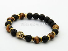 2014 New Lava Stone beads Buddha Men Bracelets, Gold Buddha, Black Yoga bracelet,Unisex