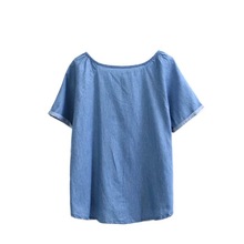 2015 Summer Women s Casual Loose Embroidered V Neck Blue Jeans Denim T shirts Simple Tees