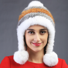 2015 autumn winter Super warm lovely ear women genuine rex mink fur Rex pineapple cap lady dress lovely fur hat hair ballfur