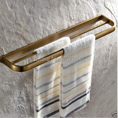 Free Shipping Wholesale And Retail Wall Mounted Antique Brass Double Towel Hanger Bathroom Dual Rod Towel Shelf