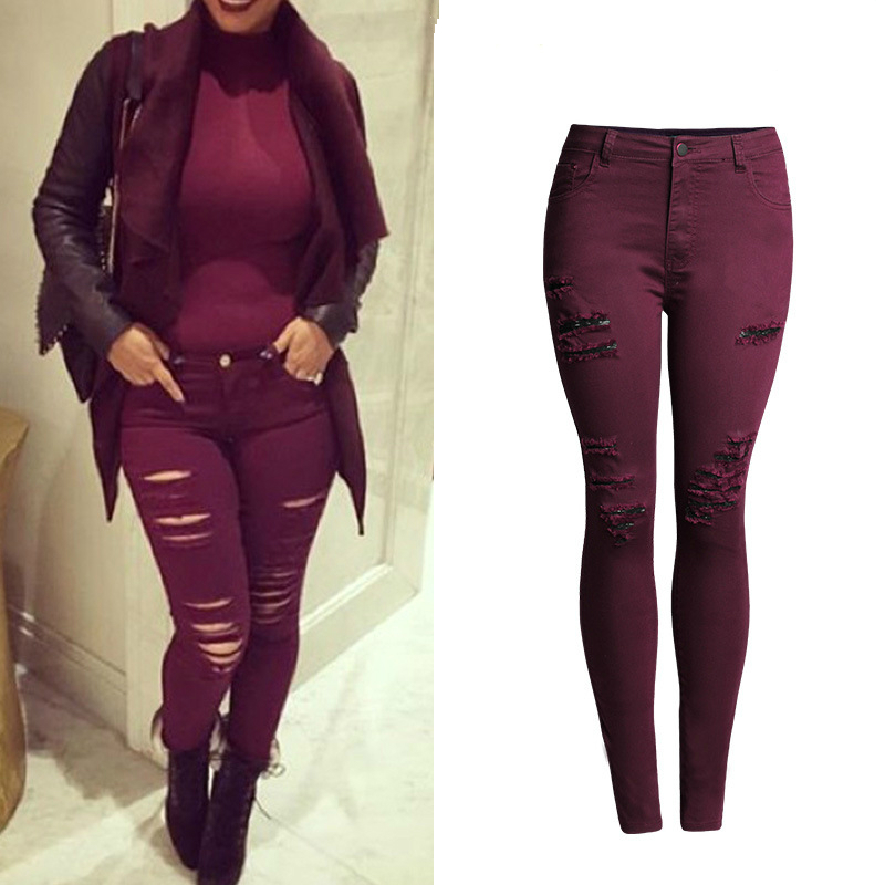 Buy High Waist Red Wine Color Ripped Jeans Women 2016