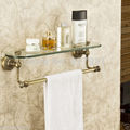 New Antique Brass Bathroom Single Tier Bathroom Glass Storage Rack Wall Mount Bathroom Shelf with Towel