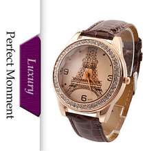 Women Luxury Watch Eiffel Tower Pattern Gold Case PU Leather Strap Women Dress Watch Quartz Wrist Fashion Casual Ladies Watches