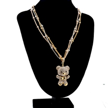 Fashion MultiLayer Necklace Gold For Women 2016 Crystal Bear Pendant Beads Long Necklace Jewelry Statement Necklace
