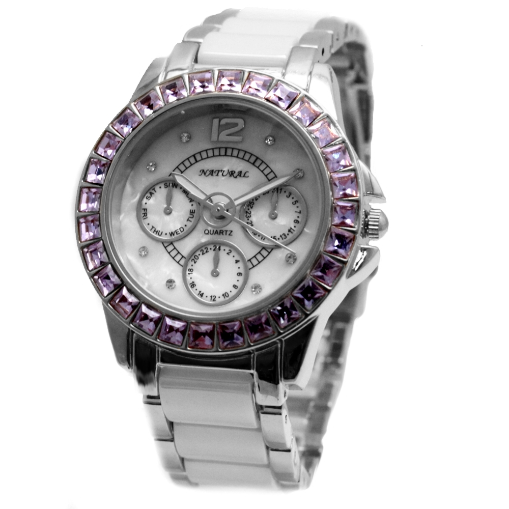 FW830S Water Resist White Dial Ladies Women CeramicViolet Crystal Bracelet Watch