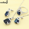 New Sterling Silver Overlay Jewelry Sets Synthetic Blue Sapphire Emerald Delightful Necklace Rings Earring Free Gift
