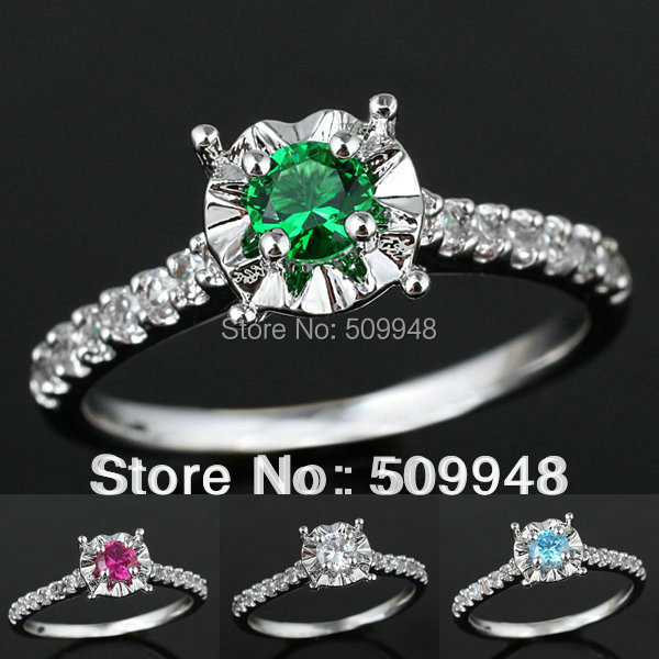 Women Green Emerald Red Ruby Blue Topaz Simulated Diamond Pure Finger 925 Sterling Silver Ring WEDN