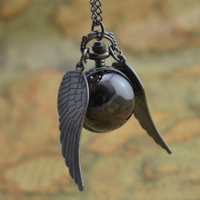 hot fashion retro antique black wing golden gold snitch ball quartz pocket watch necklace women arabic number hour lady girl
