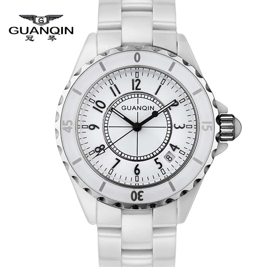 Original GUANQIN Top Brand Luxury New Quartz Fashion Women White Ceramic Watches Waterproof Dress Lady Watches