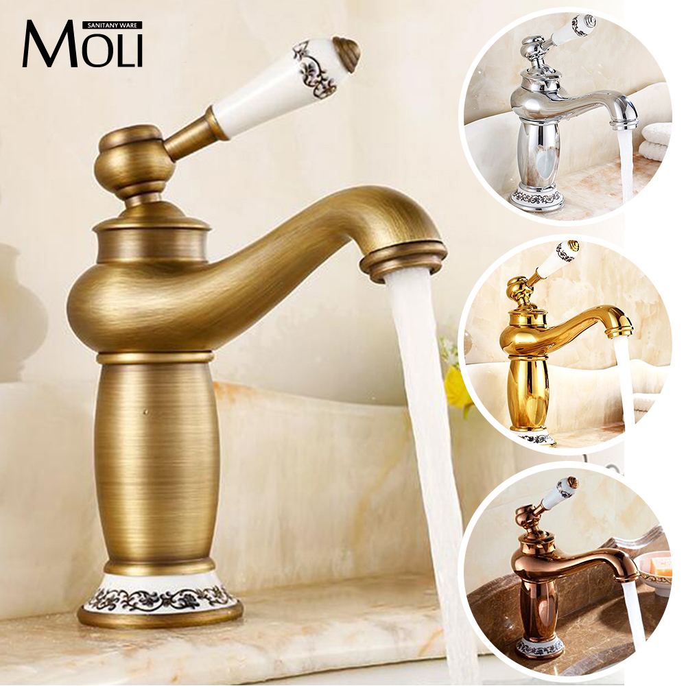 Soild brass gold finish bathroom faucet golden teapot bend spout ceramic handle water tap torneira para banheiro