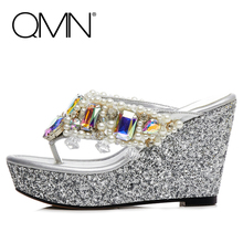 QMN women genuine leather slippers Women Flip Flops Wedges Glitter Heels Summer Shoes Woman Slides With Beading And Rhinestone