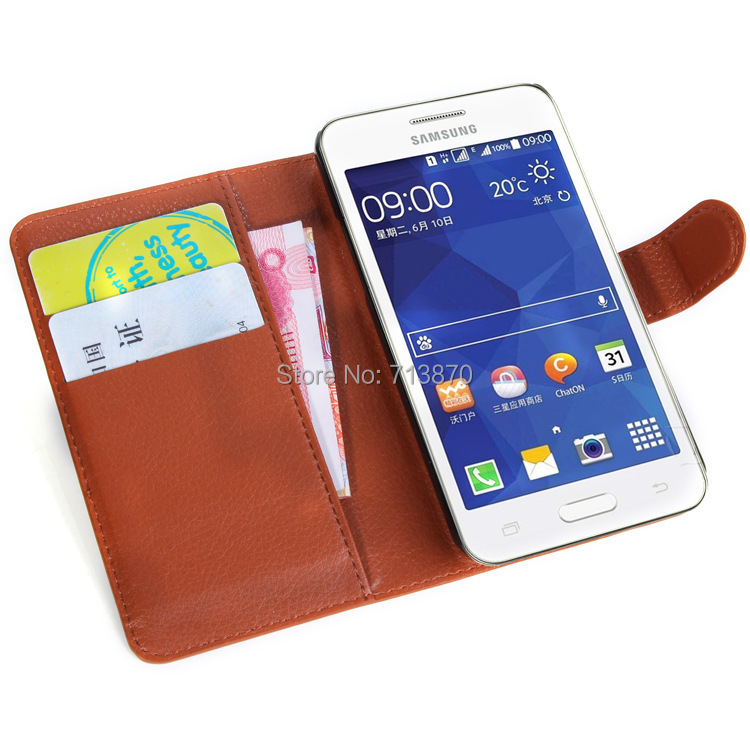 10pcs/lot New Luxury Lichee Grain PU Leather Flip Case Wallet Card Holder Cover with Stand For Samsung Galaxy Core 2 G355H
