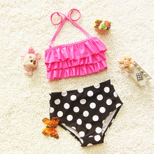 2016 Fashion Two Pieces Dotted Halter baby Child Girls Bikini Set Swimwear Summer Kids Swimsuits Princess Bathing Suits Pink