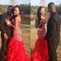 Beautiful Red Mermaid Prom Dress vestidos de fiesta 2015 Sweetheart Evening Gowns with Ruffles Crystals Long