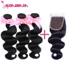 Peruvian Virgin Hair Body Wave 3 Bundles with Lace Closure 7A Unprocessed Human Hair Weaves Cheap Peruvian hair #1b