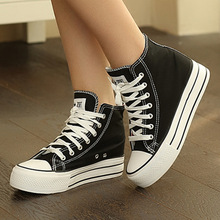 2016 Free Shipping Women Platform Shoes Casual Wedges Woman Thick Soled High Top Ankle Canvas Lace Up Antiskid Shoes