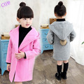 3 15Y 2016 Spring Autumn Long Style Girls Coat Children Wool Outerwear Hooded coats Hairball Kids