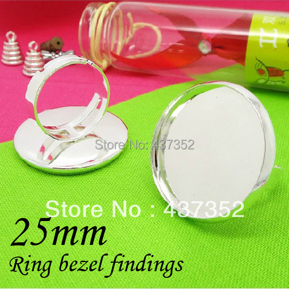 Silver Plated 100pcs Brass Adjustable Bezel Ring Blank Ring Base 25mm Round Cabochon Setting Findings For Jewelry DIY