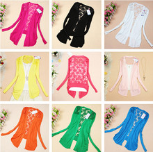 New 2015 Fashion Women Cardigan Lace Flower Sweet Candy Color Crochet Knit Blouse Sweater Cardigan Coat