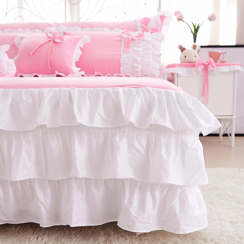 3/Cotton Pink Princess Bedding Set Lace Edge Solid Pink And White Color