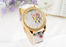 2015 New Brand Leather Strap Watch Clock Hours Gifts Colorful Flower Wristwatch Quartz Casual Watches Women