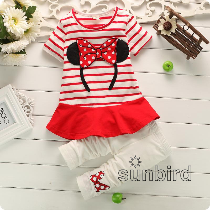 BK-96, Minnie Mouse, Children clothing sets, 100% cotton, short sleeve stripe T shirt + pant.