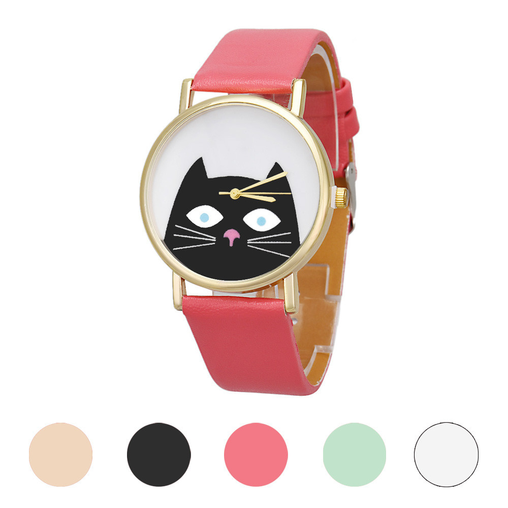 Mance H5 Colorful Fashion Casual Cartoon Cat Women Girl Student Leather Band Analog Quartz Dial Wrist