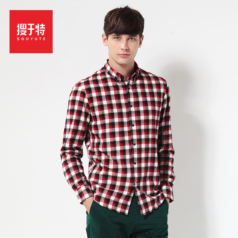 2014 men's autumn clothing long-sleeve shirt slim sanded plaid shirt male casual shirt