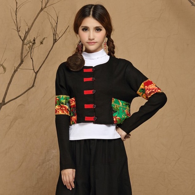 National trend short jacket 2015 autumn and winter women s fluid linen color block short design