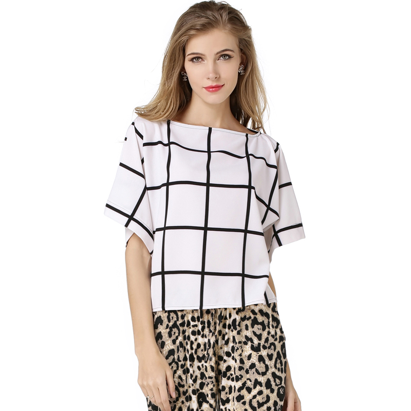 Women font b Plaid b font Chiffon Shirt Fashion Casual Black and White Color Slash Neck