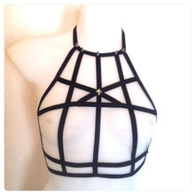 2016 new pastel goth pentagram chest body harness cage bra burlesque chest lingerie top Black Satin elastic strap studded retail