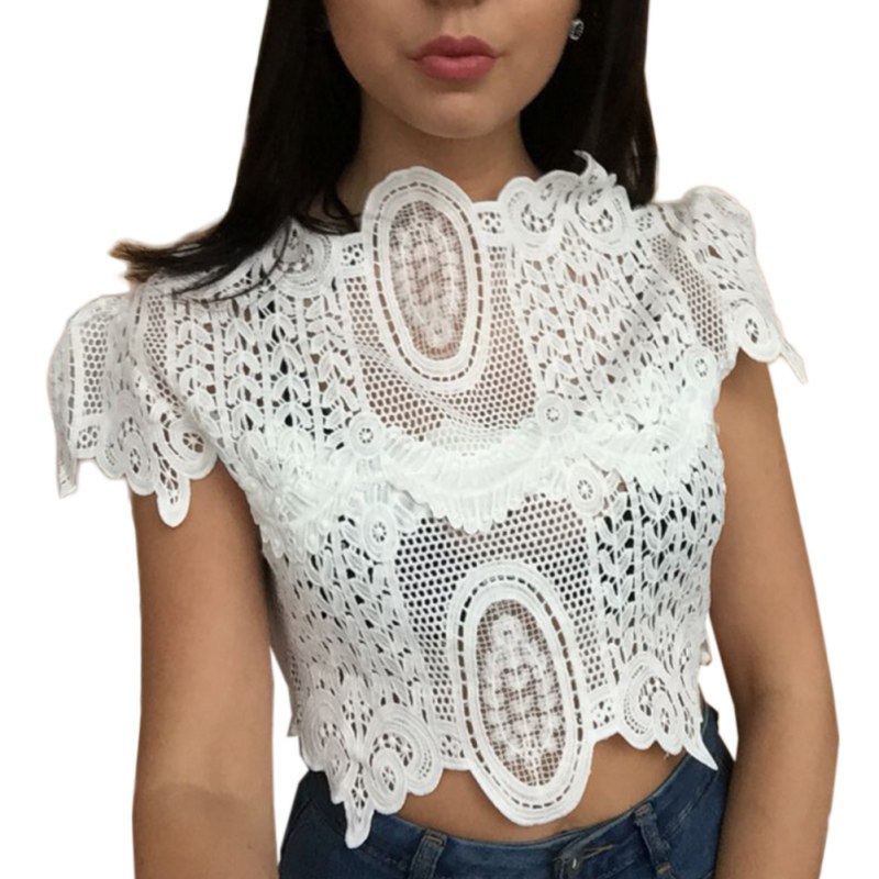 Summer Style Elegant Black Lace Crochet Crop Top Girls Short Sleeve