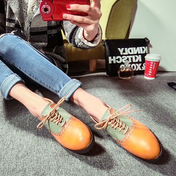 2015 new fashion women leather shoes flats oxfords round head cross strap mid heel sneakers handsome