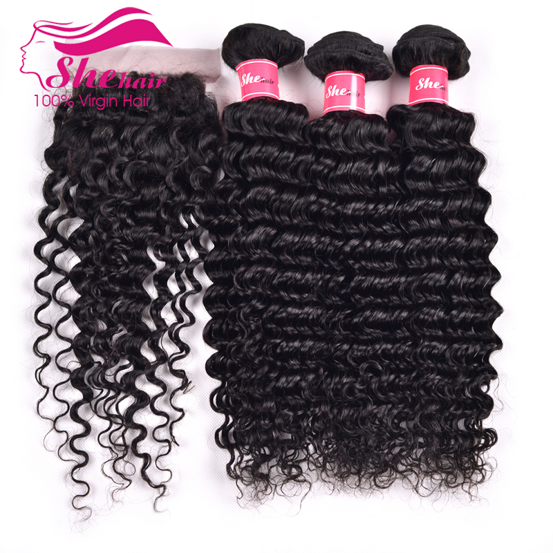 7A Deep curly 1pc lace closure free part with 3PCS Brazilian Virgin Hair,4pcs/Lot hair bundles with lace closures free shipping