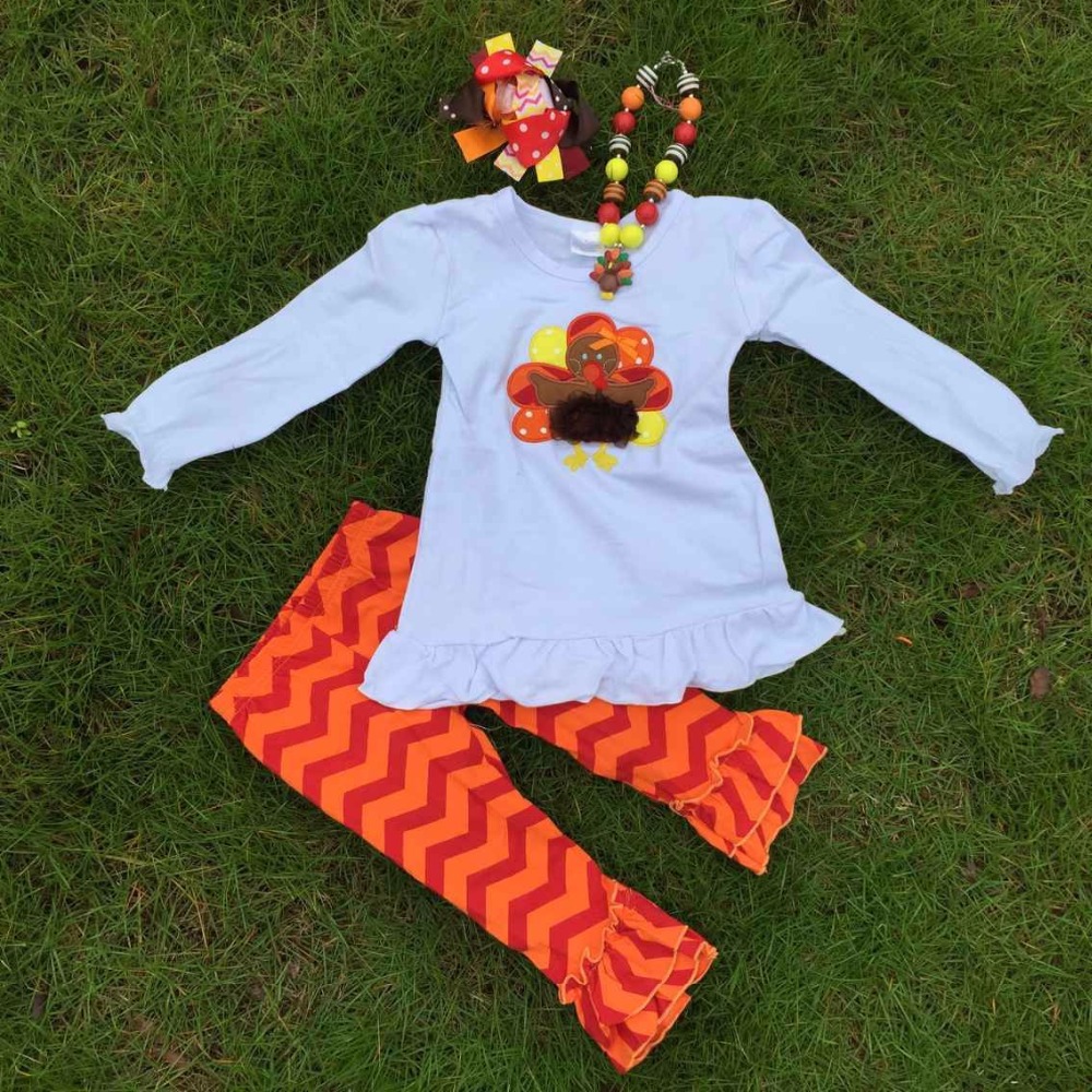 Thanksgiving day holiday outfits new girls design turkey top pant set with matching necklace and hair