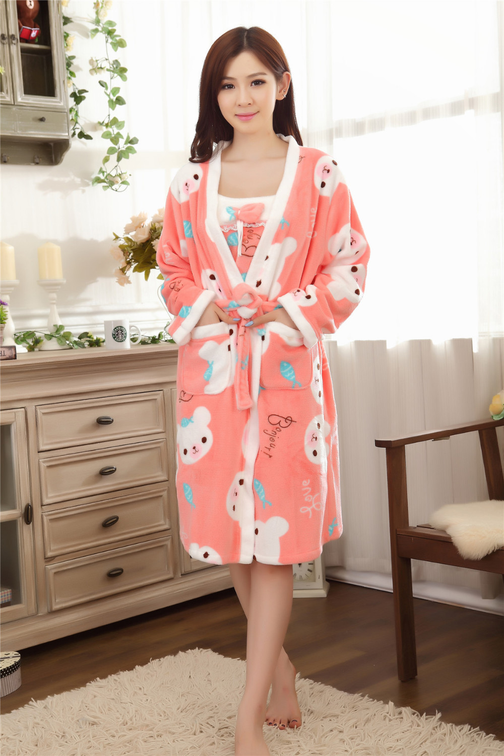 Free Shipping Winter Thick Flannel Pajamas Nightgown For Women Casual Long-Sleeved Sleepwear_7
