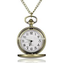2015 New Antique Bronze Pocket Watches Flat Round Alloy Quartz Pendant Watches with Chains for Men